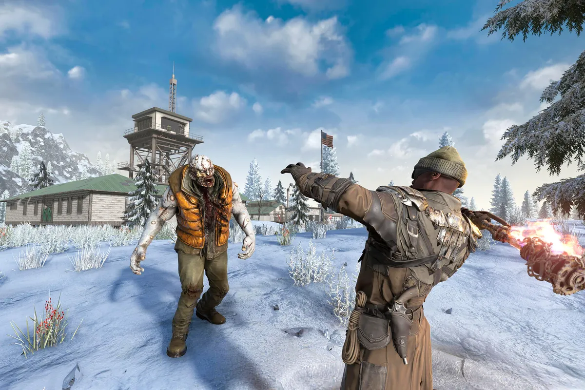 A survivor fighting a zombie in the snow biome in 7 Days to Die