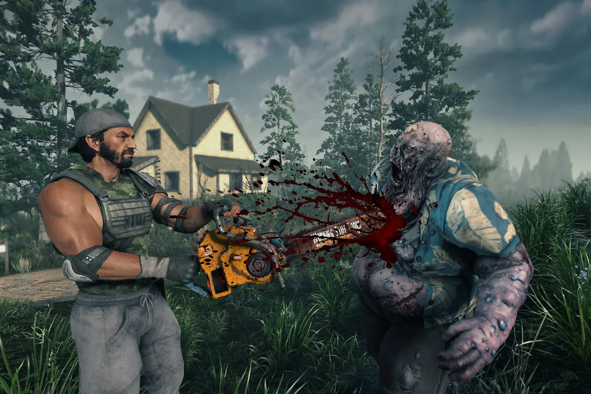 A survivor with a chainsaw fighting a zombie outside a farmhouse in 7 Days to Die
