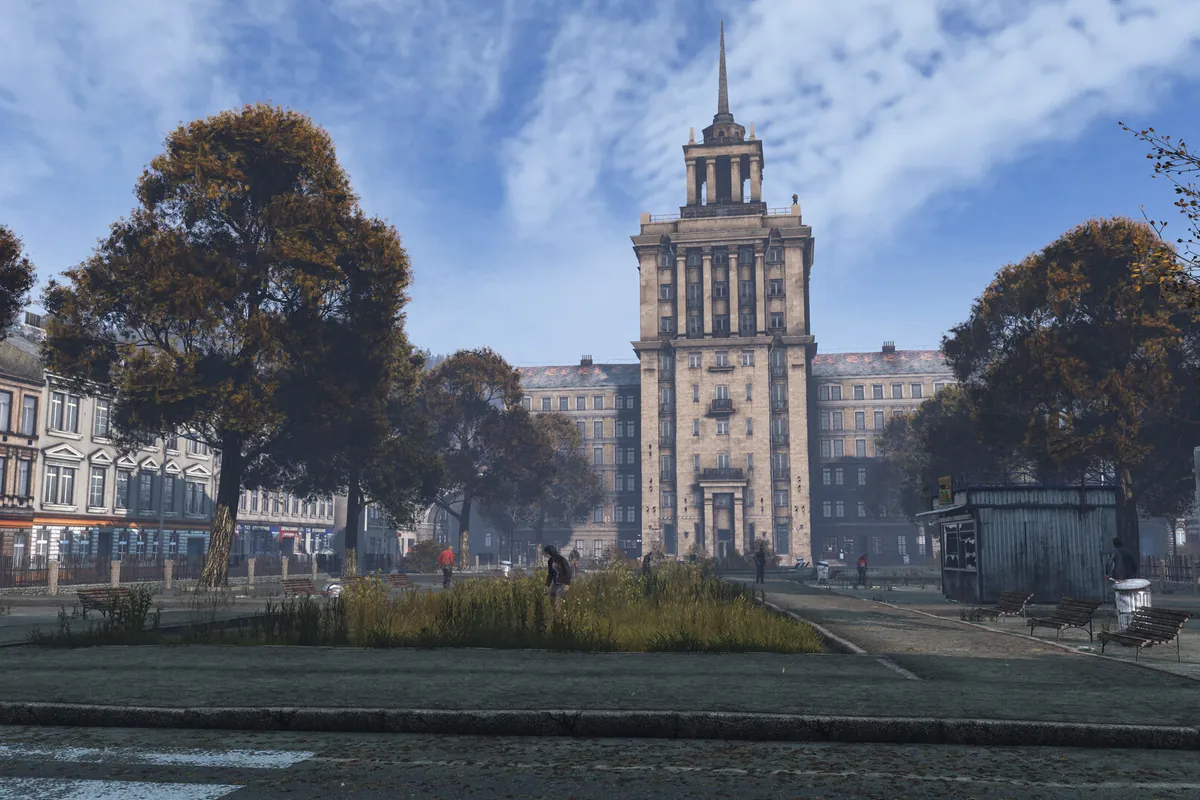 A Soviet-style tower block in a town square in DayZ
