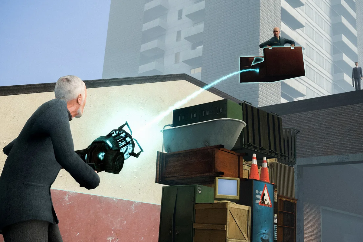 A player using the physics gun on stacked props in Garry's Mod