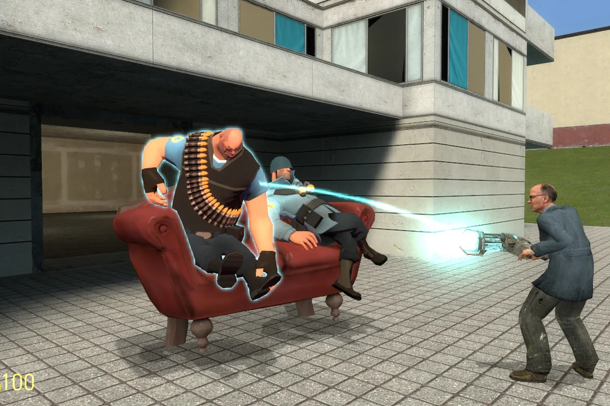 Characters posed on a sofa in a Garry's Mod sandbox scene