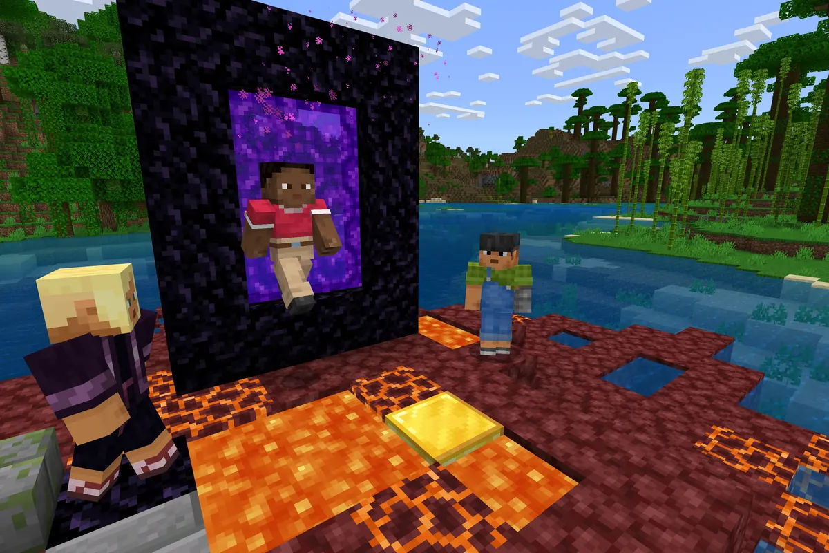 Minecraft players stepping through a nether portal together