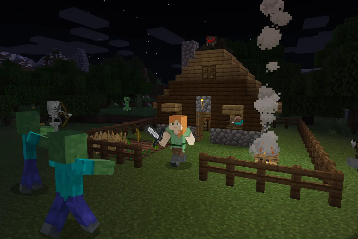 A Minecraft player defending a base from zombies at night