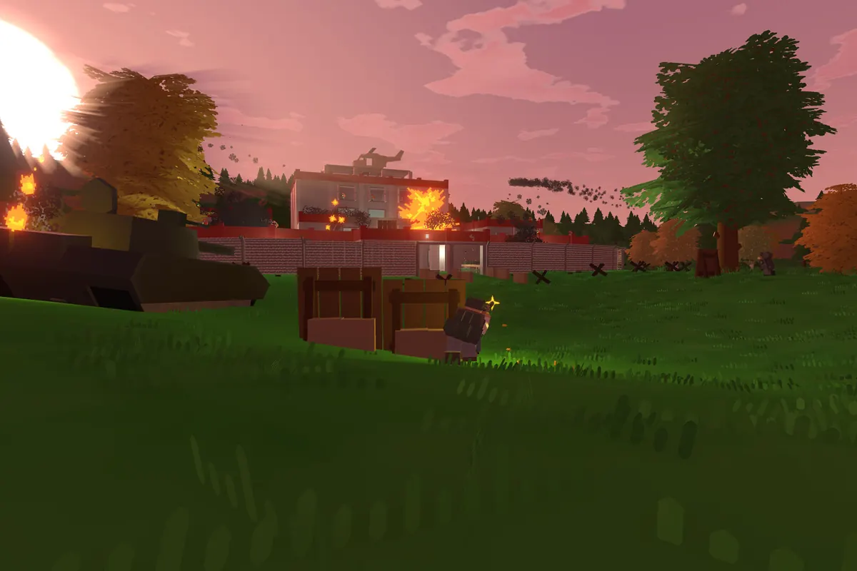 An Unturned base under attack at sunset, with a tank in the field