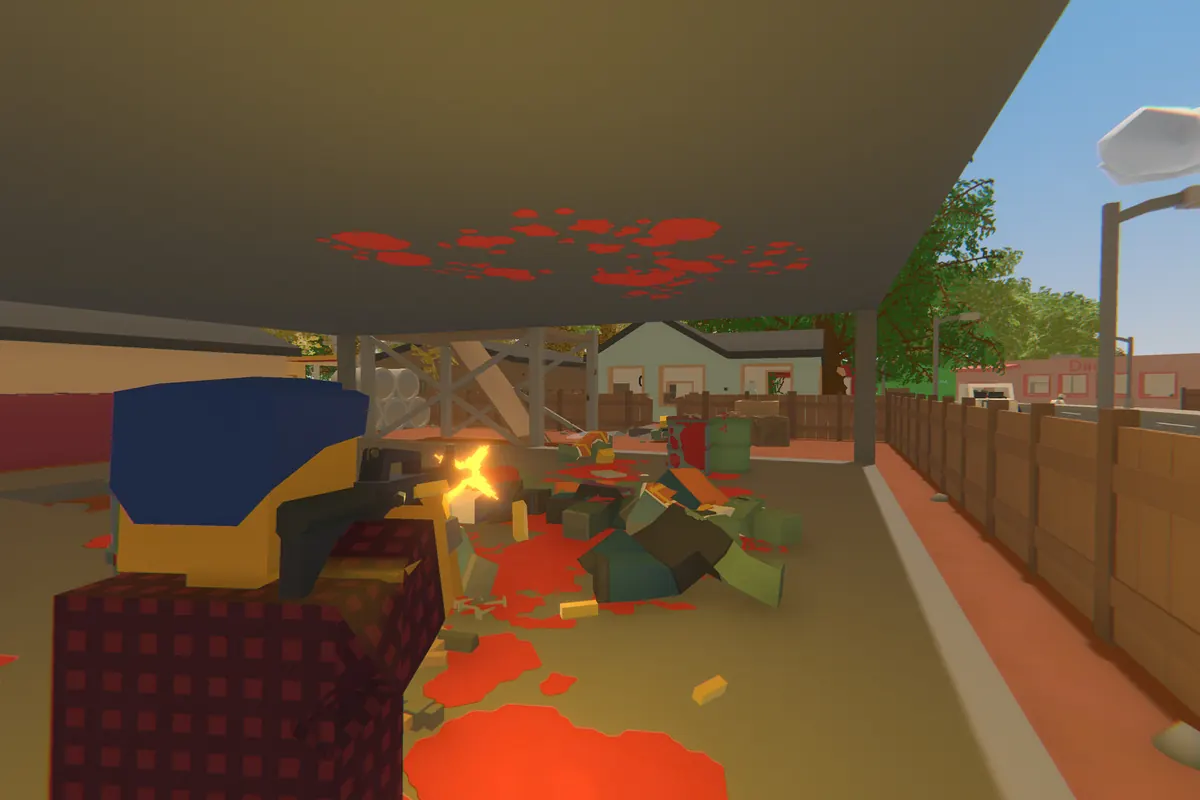 A fight in the street of an Unturned town