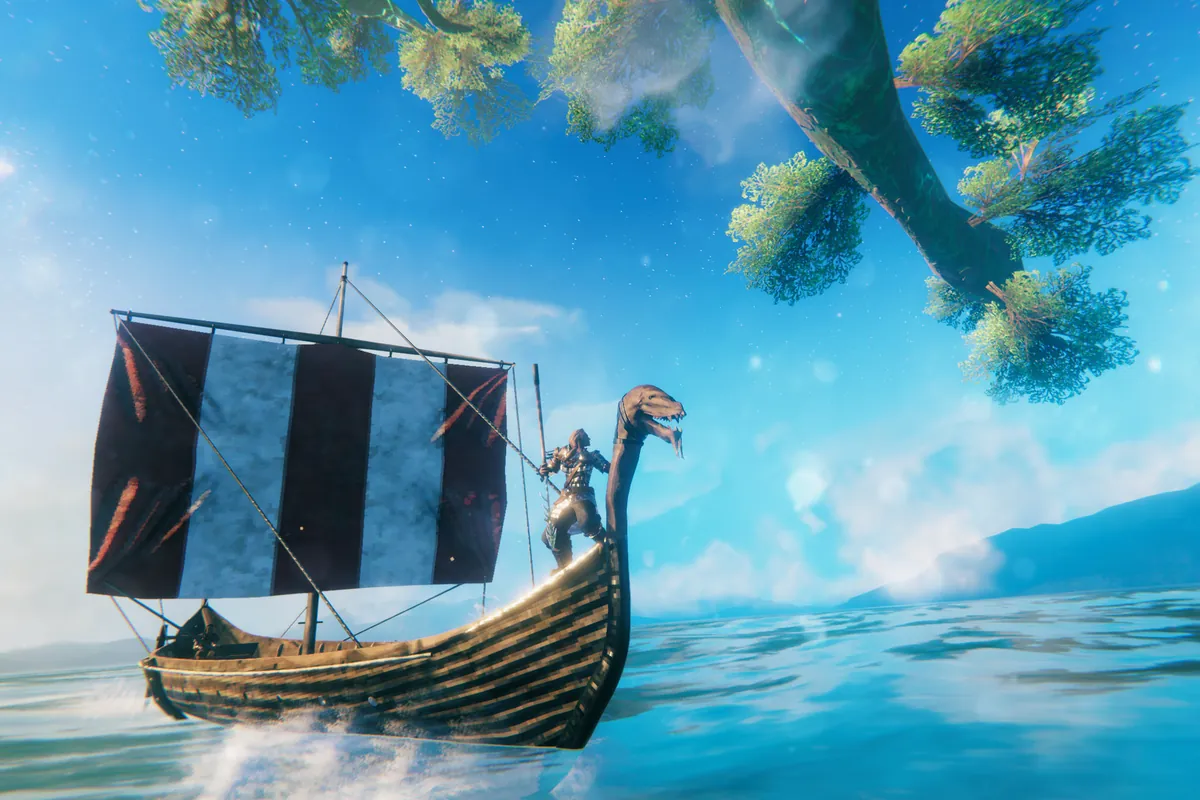A longship with a striped sail crossing the ocean in Valheim