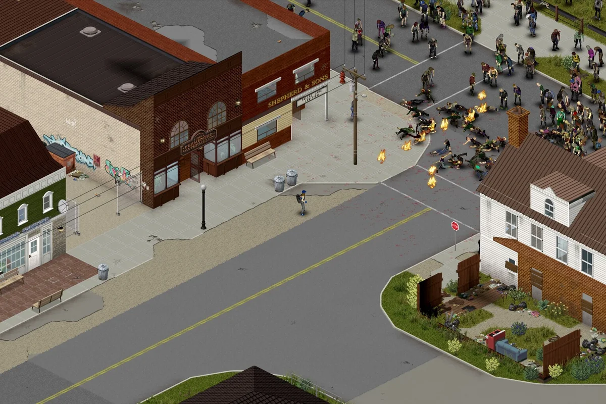 A horde of zombies filling a street in Project Zomboid