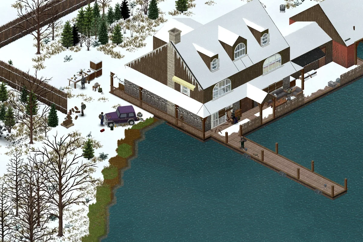 A snow-covered lakeside safehouse in Project Zomboid