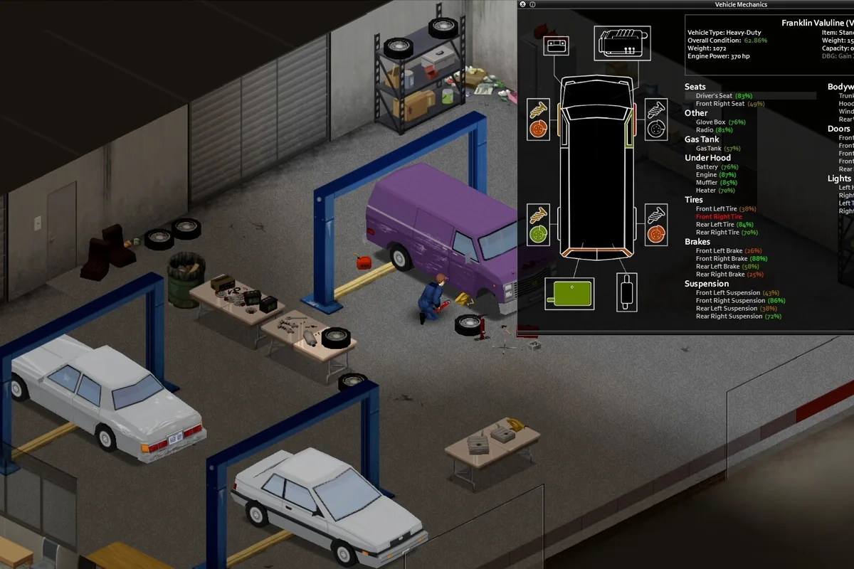 A vehicle being repaired in a garage in Project Zomboid