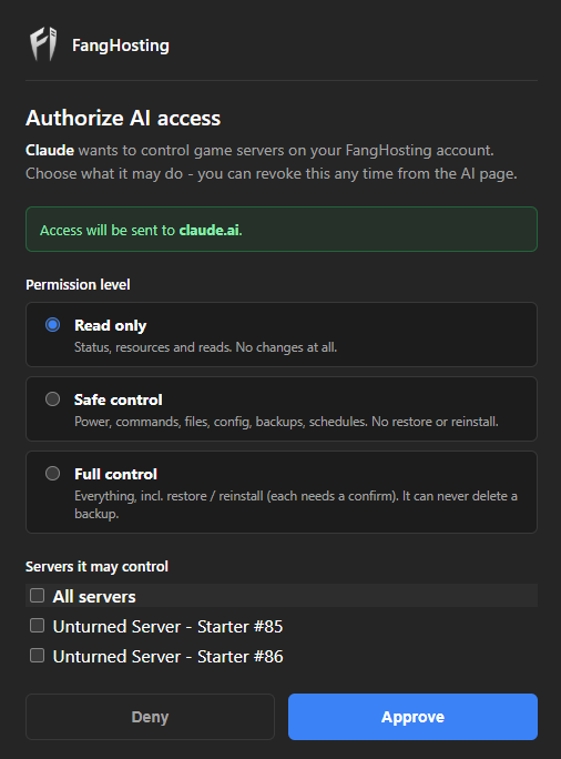 The panel's authorize screen: Claude asking for access, with a permission level picker and a checklist of the servers it may control