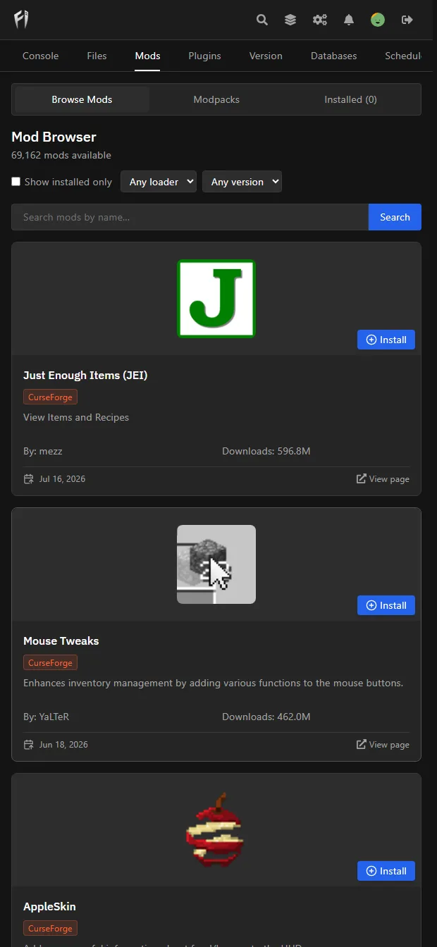 Mods panel on mobile