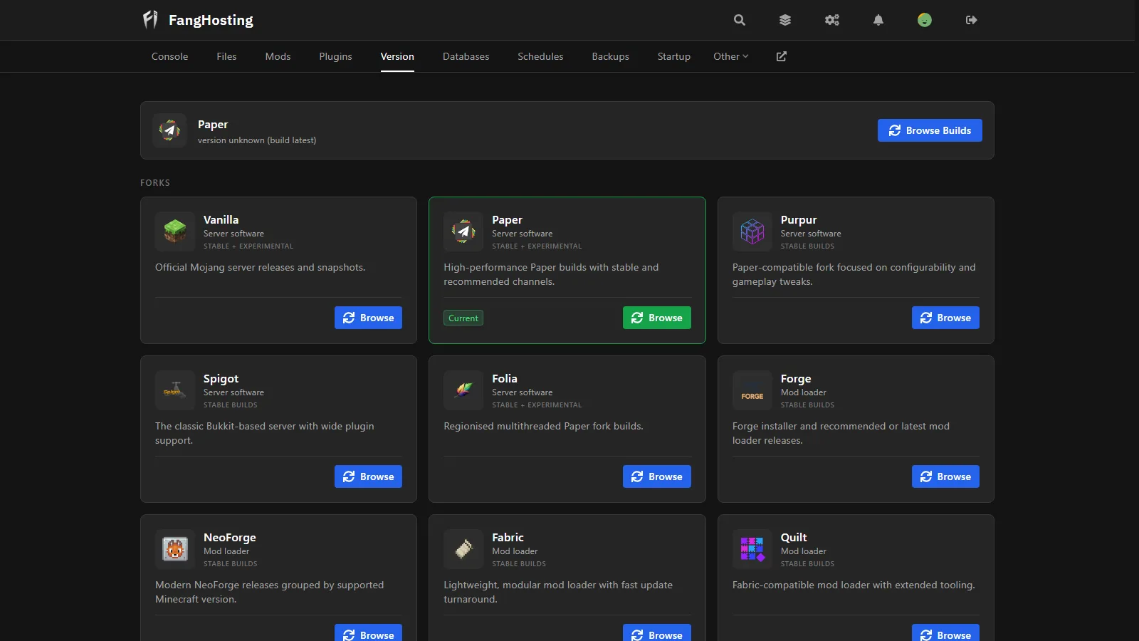 The Minecraft version and software switcher in the FangHosting panel