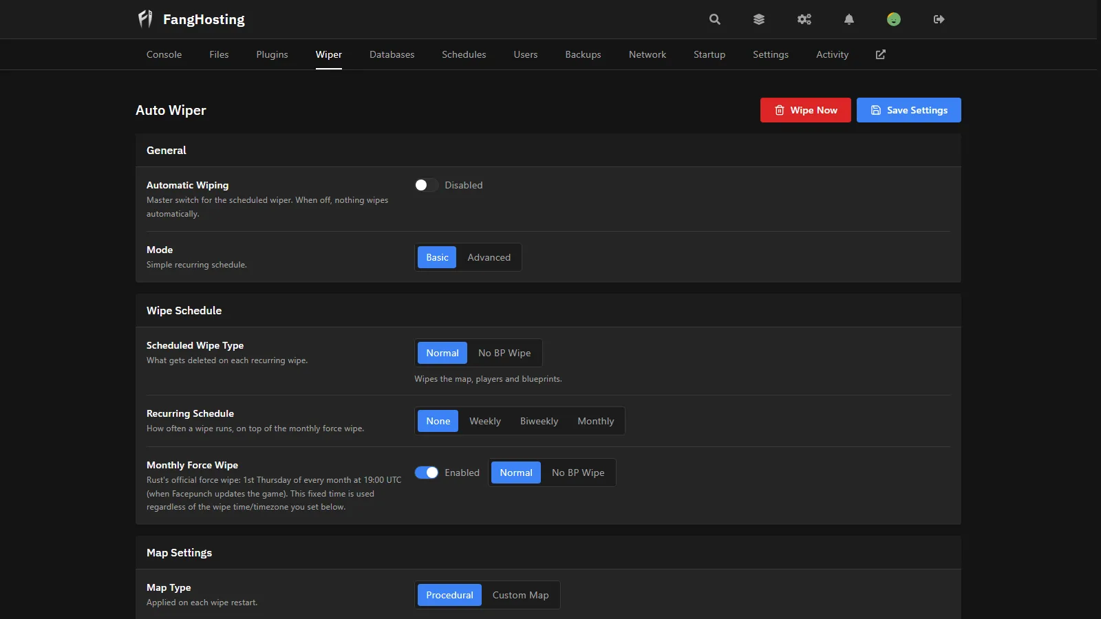 The automatic wipe scheduler in the FangHosting panel